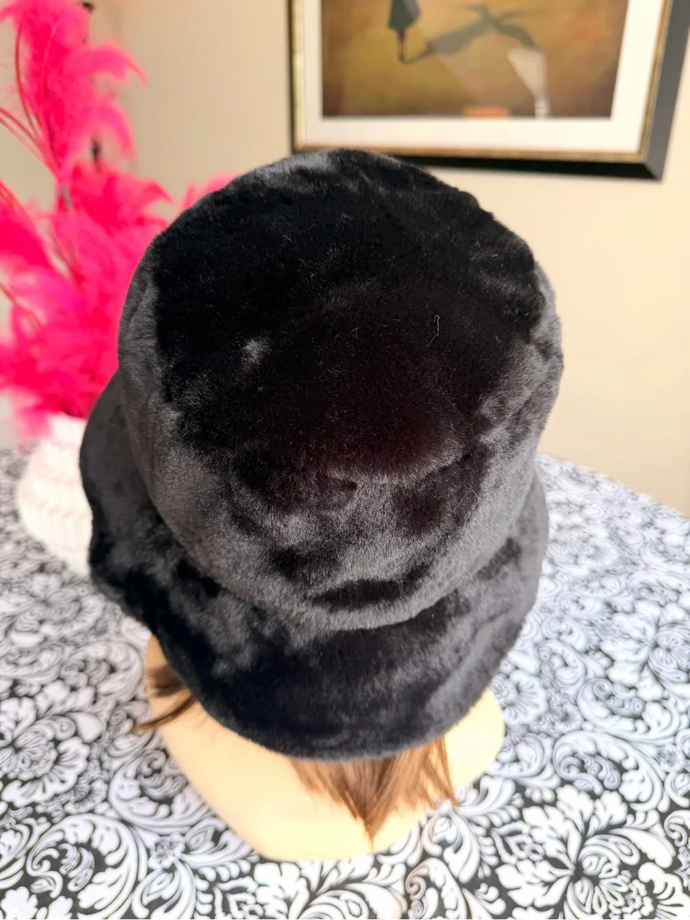 Sprigs Black Faux Fur Plush Bucket Hat Adjustable Fit